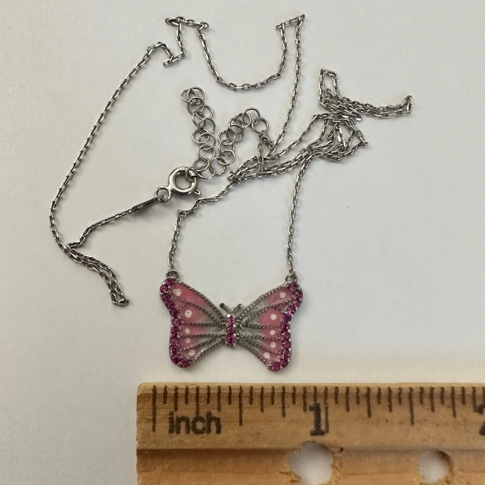 925 Silver butterfly necklace cz stones and pink white handmade enamel